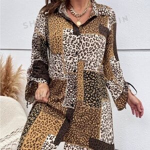Patchwork & Leopard Print Shirt Dress